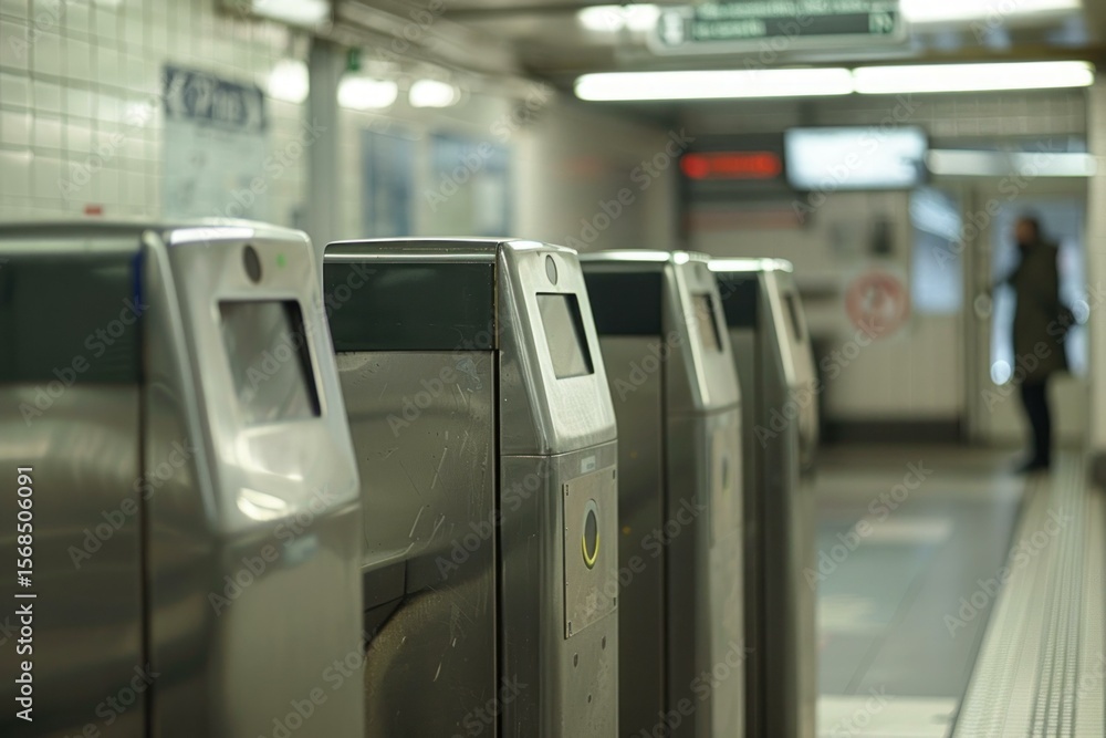 Poster row of modern ticket barriers allowing access to subway platform, with a commuter walking in the bac