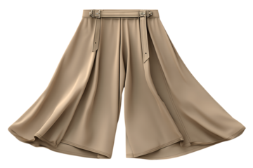 Elegant beige wide leg culottes with a belted waist and flowing fabric isolated on transparent background