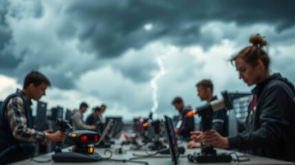 Students work, dramatic sky blurred lab