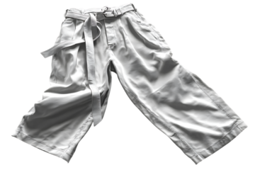 Stylish white wide leg belted trousers with a relaxed fit presented on a transparent background