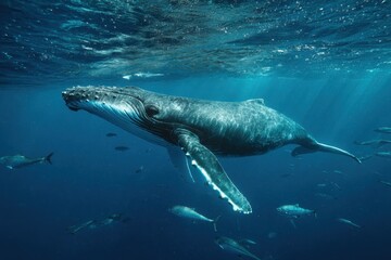 Fototapeta premium Graceful Humpback Whale Gliding Through Crystal Clear Waters of Tonga