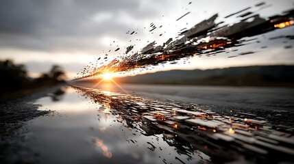 the photograph depicts a road stretching into the distance, meeting a blurred horizon at sunset. the road's surface is wet, reflecting light and creating a shimmering effect