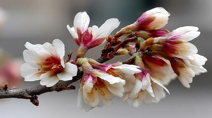 a close up image focuses on a branch adorned with several delicate white blooms and tightly closed buds