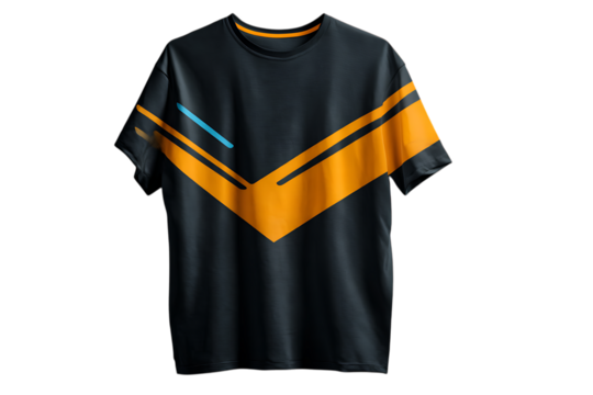 Modern dark gray t shirt with bold orange and blue chevron design on transparent background - Powered by Adobe