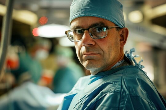 Close up of confident surgeon wearing surgical attire in operating room, ready for surgery
