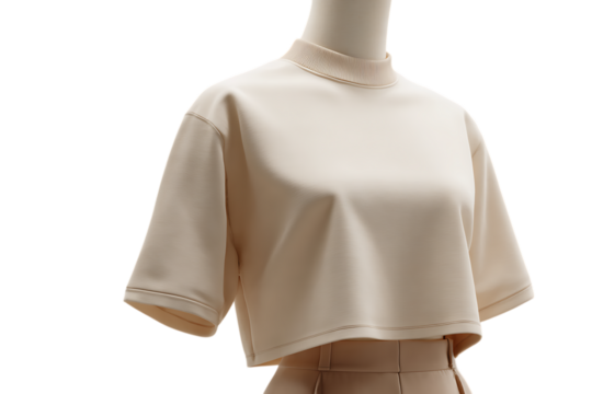 Minimalist beige mock neck cropped t shirt with short sleeves displayed on a mannequin against a transparent background