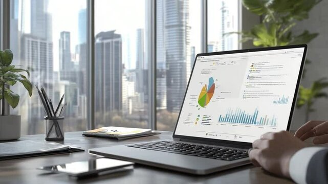 Analyzing business data on a laptop with a stunning city view for financial growth - Powered by Adobe