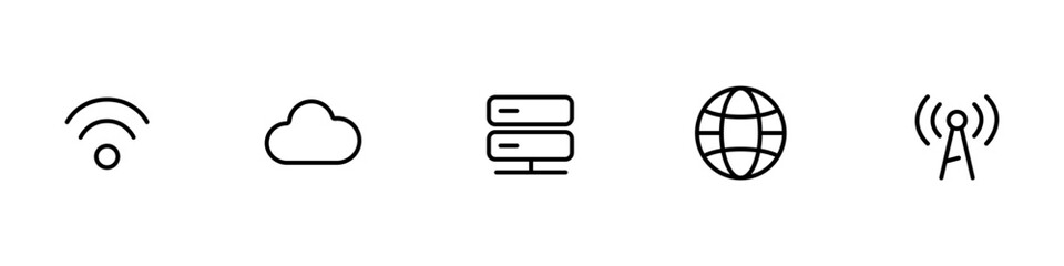 Essential Linear Network, Cloud, and Connectivity Icons: Wi-Fi, Server, Globe, and Antenna Symbols