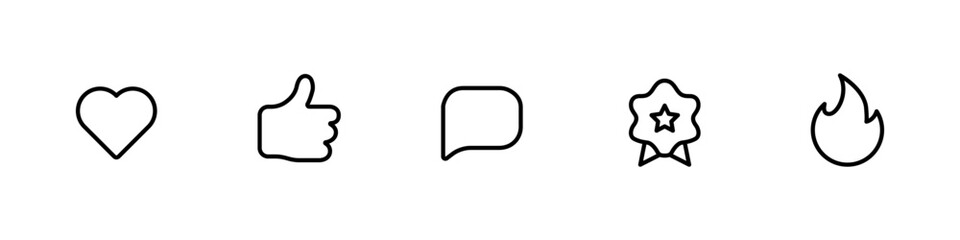 Clean Linear Social Media Interaction Icons: Heart Like, Thumbs Up, Comment Bubble, Star Badge, and Trending Flame Symbols