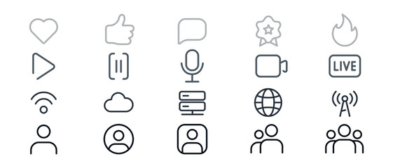 Comprehensive Linear UI UX Icon Set: Social Engagement, Media Controls, Network User Management for Digital Platforms