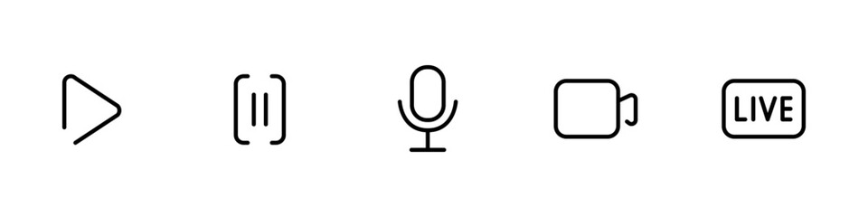 Modern Linear Media Playback and Live Streaming Control Icons: Play, Pause, Mic, Camera, and LIVE Status