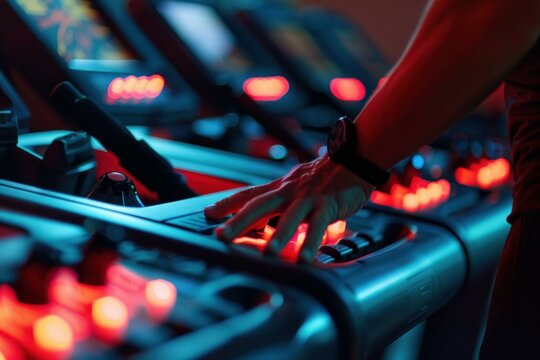 Hand setting up treadmill control panel in gym, getting ready for running session