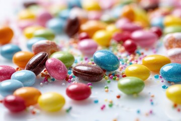 Vibrant Candy Blast: A Close-up of Bright Sweet Confectionery on a Crisp White Canvas