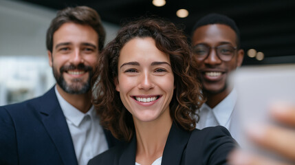 Joyful Team Bonding Selfie at a Corporate Event in a Modern Office