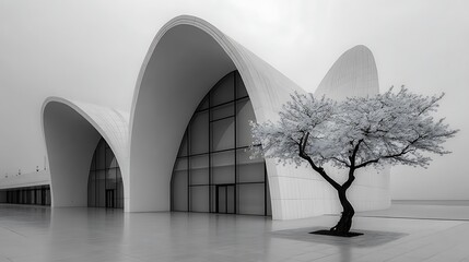 the monochrome image showcases a modern architectural structure distinguished by its undulating, curvilinear forms and predominantly white exterior
