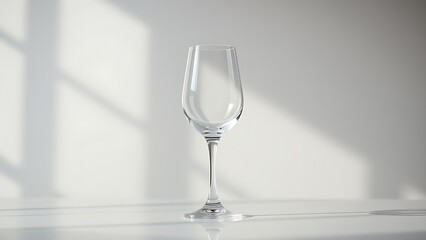 Fototapeta premium Elegant white wine glass placed on a minimalist table with soft lighting reflections.
