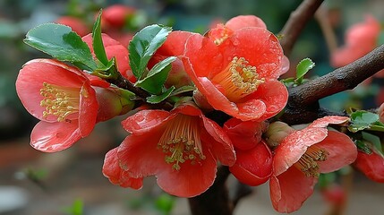the image features a cluster of blossoms in various shades of red and pink, clustered closely along a branch. water droplets adorn the delicate petals, adding a glistening touch