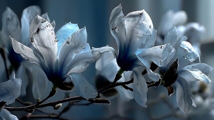 the image presents a close up view of several large, pale flowers on a branch against a blurred background