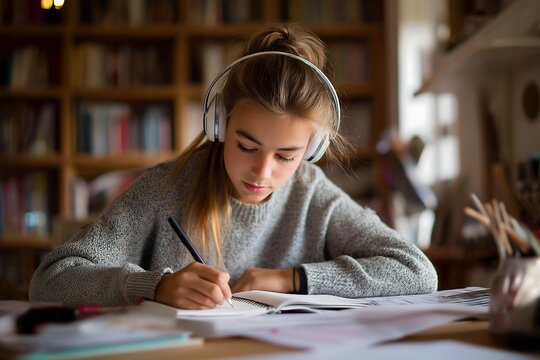 Teen girl writing in journal at study desk with headphones