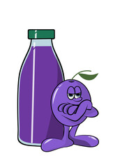 Cartoon of a grape next to a bottle of grape soda