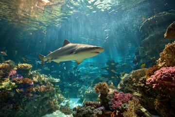 Obraz premium Vibrant Shark Reef: A Wild Underwater Scene with Colorful Coral and Diverse Marine Life