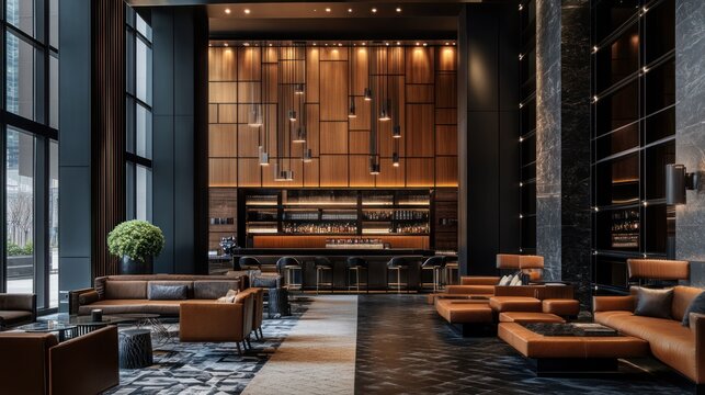 A spacious, modern lounge area features a long bar with dark wood paneling and a variety of seating options, including plush leather couches and ottomans.  Large windows offer natural light