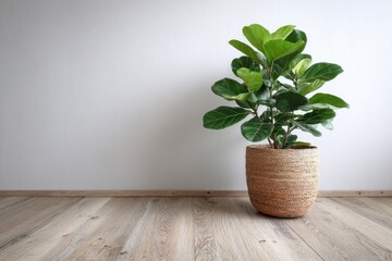 Ficus Delight: Lush Green Plant in Stylish Pot on Wooden Floor, Enhancing Eco-Friendly Room Decor