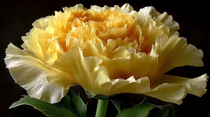 against a dark background, a large, blooming flower dominates the scene, its petals a soft, buttery yellow