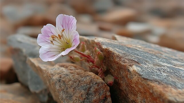 in a rocky setting, a singular flower is displayed, nestled between jagged stones. the bloom has light colored petals with faint striations - Powered by Adobe
