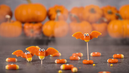 A whimsical scene featuring small orange ducks with googly eyes floating on a reflective water...