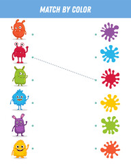 Match colorful monsters by colors. Educational logical game for kids. Worksheet. Space creature. Vector
