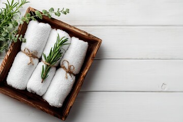Fototapeta premium Stylish display of rolled white towels with sprigs of rosemary in wooden tray on light wooden surface
