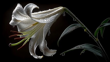 the image features a white blossom with dark stems and leaves against a black background. the petals are covered in water droplets