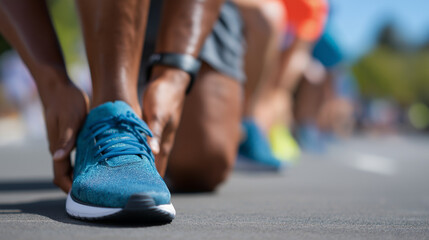 Fototapeta premium Group of runners stretching before a marathon event on a sunny day