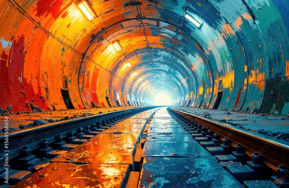 Poster a vibrant tunnel with colorful lighting reflecting off wet railway tracks creating a dynamic perspec