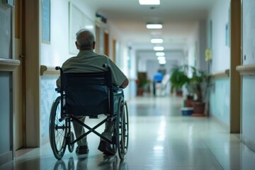 Lonely senior man sitting on wheelchair moving in hospital corridor