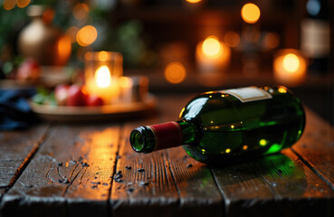 A wine bottle lies on its side on a rustic wooden table with warm candlelight in the background