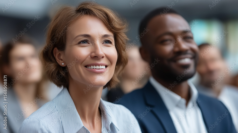Poster diverse professionals engaging at a networking event