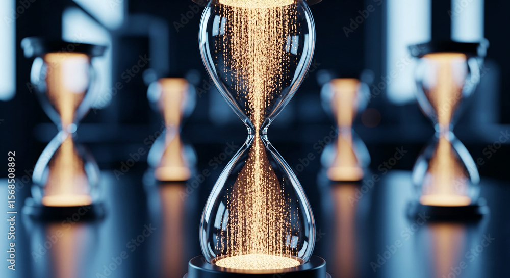 Poster close-up of glass hourglass filled with glowing particles, showcasing time flow concept. multiple ho