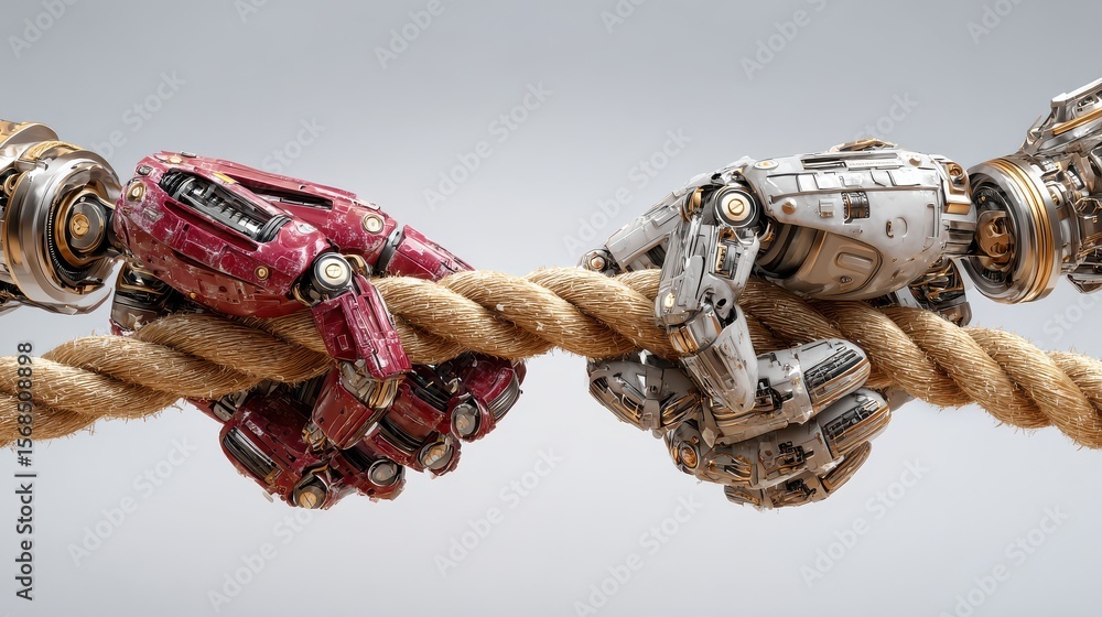 Poster human hands and robotic hands in a tug of war with rope symbolizing competition or collaboration on 