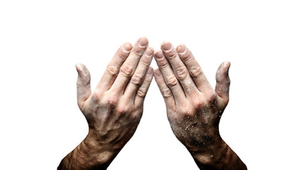 Close up of a man s hands covered in white chalk powder held open in a cupped gesture isolated on transparent background