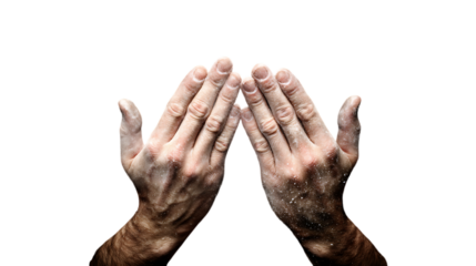 Close up of a man s hands covered in white chalk powder held open in a cupped gesture isolated on transparent background