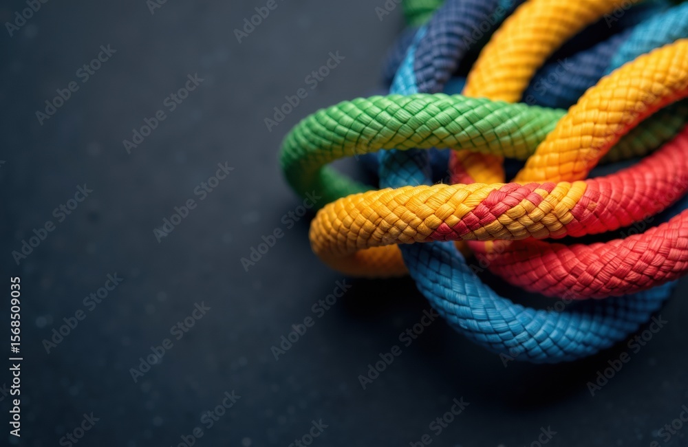 Poster colorful climbing ropes intertwined on dark background creating a vibrant and textured pattern