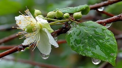 the image showcases a branch bearing a delicate white flower, several closed buds, and a single green leaf, all glistening with droplets of water