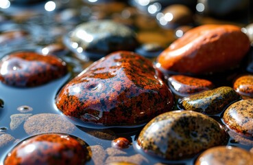 Smooth, colorful stones resting in water with reflections and natural textures