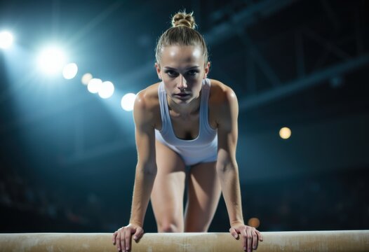 Female gymnast prepares to perform on the balance beam in a dimly lit arena