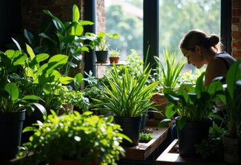 Woman tending to indoor plants near window in bright natural light