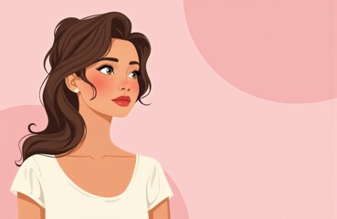 Woman with long wavy brown hair and natural makeup looking to the side against a pink background