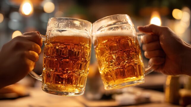 people, leisure and drinks concept - close up of male hands clinking beer mugs at bar or pub, no logos, no brands