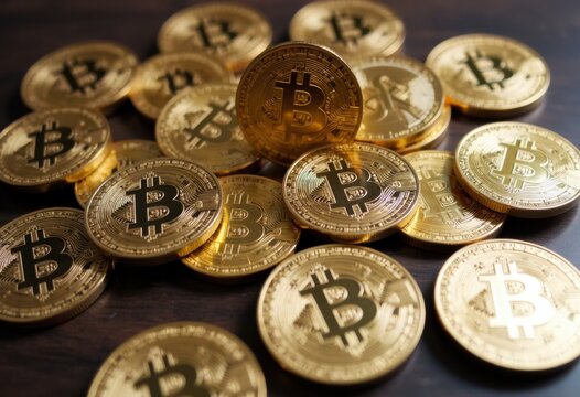 A collection of shiny gold Bitcoin coins scattered on a dark surface